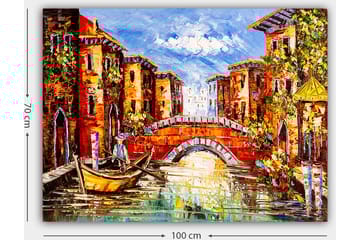 Lerretsbilde 70x100 cm - Malerisk kanal med fargerike bygninger og en båt som glir under en bro - Oransje / Blå / Grønn - Interiør - Maleri & posters - Lerretsbilder
