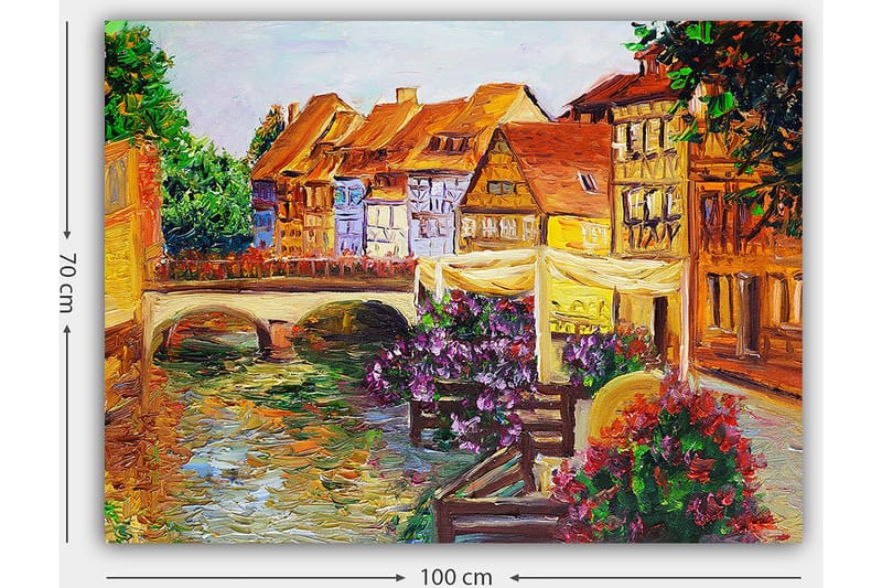 Lerretsbilde 70x100 cm - Malerisk kanal med fargerike hus og blomster som pryder kanten - Grønn / Lilla / Oransje - Interiør - Maleri & posters - Lerretsbilder