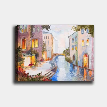 Lerretsbilde 70x100 cm - Malerisk kanal med fargerike hus og en bro som speiler seg i vannet - Lys blå / Lilla / Oransje - Interiør - Maleri & posters - Lerretsbilder