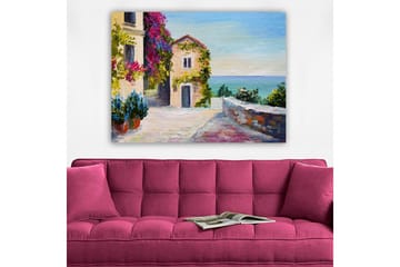 Lerretsbilde 70x100 cm - Malerisk kystscene med fargerike hus og blomster rundt en rolig gate ved sjøen - Blå / Grønn / Rosa - Interiør - Maleri & posters - Lerretsbilder