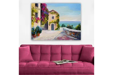 Lerretsbilde 70x100 cm - Malerisk kystscene med fargerike hus og blomster rundt en rolig gate ved sjøen - Blå / Grønn / Rosa - Interiør - Maleri & posters - Lerretsbilder