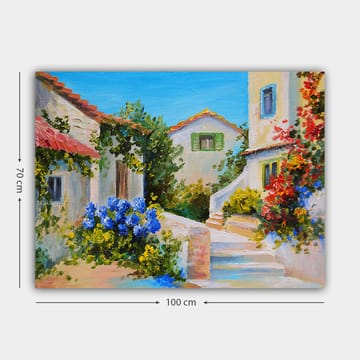 Lerretsbilde 70x100 cm - Malerisk landsbyscene med fargerike hus og blomstrende planter - Blå / Grønn / Gul - Interiør - Maleri & posters - Lerretsbilder