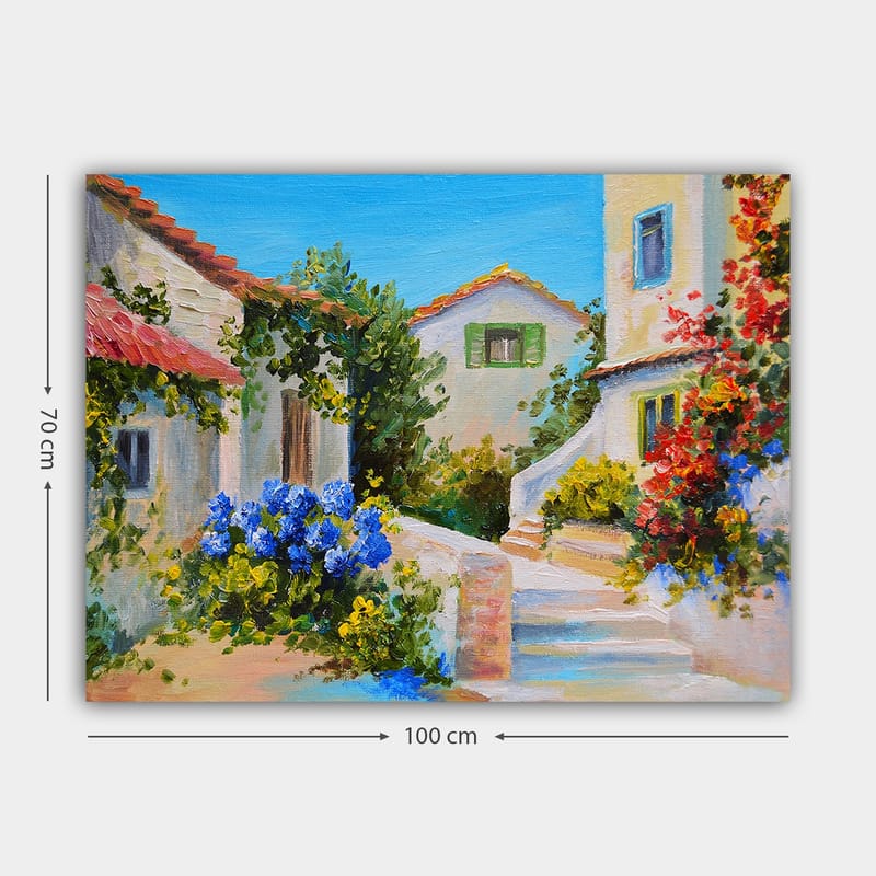 Lerretsbilde 70x100 cm - Malerisk landsbyscene med fargerike hus og blomstrende planter - Blå / Grønn / Gul - Interiør - Maleri & posters - Lerretsbilder