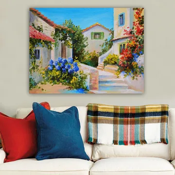 Lerretsbilde 70x100 cm - Malerisk landsbyscene med fargerike hus og blomstrende planter - Blå / Grønn / Gul - Interiør - Maleri & posters - Lerretsbilder