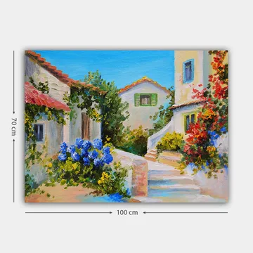 Lerretsbilde 70x100 cm - Malerisk landsbyscene med fargerike hus og blomstrende planter - Blå / Grønn / Gul - Interiør - Maleri & posters - Lerretsbilder