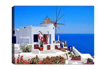 Lerretsbilde 70x100 cm - Malerisk utsikt over en hvitkalket bygning med en tradisjonell vindmølle og fargerike blomster på Santorini - Hvit / Blå / Rød - Interiør - Maleri & posters - Lerretsbilder
