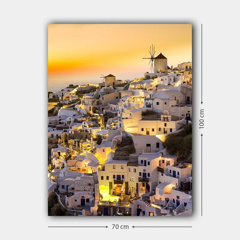 Lerretsbilde 70x100 cm - Malerisk utsikt over Santorini med hvite hus og en vindmølle i solnedgangens lys - Hvit / Gul / Oransje - Interiør - Maleri & posters - Lerretsbilder