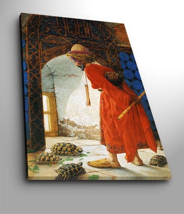 Lerretsbilde 70x100 cm - Mann i rød kappe står i en døråpning og ser på skilpadder på gulvet - Rød / Blå / Beige - Interiør - Maleri & posters - Lerretsbilder