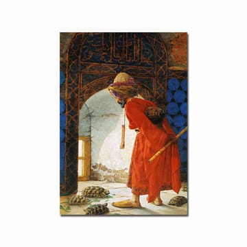 Lerretsbilde 70x100 cm - Mann i rød kappe står i en døråpning og ser på skilpadder på gulvet - Rød / Blå / Beige - Interiør - Maleri & posters - Lerretsbilder