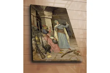 Lerretsbilde 70x100 cm - Mann i tradisjonelle klær viser frem et sverd mens en kvinne i fargerike klær ser interessert på - Blå / Rød / Grønn - Interiør - Maleri & posters - Lerretsbilder