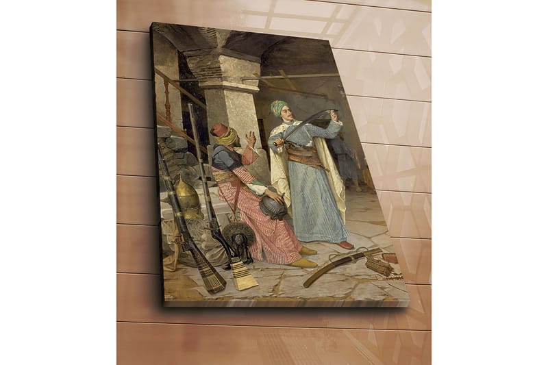 Lerretsbilde 70x100 cm - Mann i tradisjonelle klær viser frem et sverd mens en kvinne i fargerike klær ser interessert på - Blå / Rød / Grønn - Interiør - Maleri & posters - Lerretsbilder