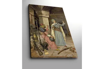 Lerretsbilde 70x100 cm - Mann i tradisjonelle klær viser frem et sverd mens en kvinne i fargerike klær ser interessert på - Blå / Rød / Grønn - Interiør - Maleri & posters - Lerretsbilder