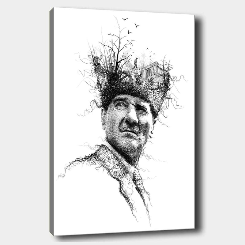 Lerretsbilde 70x100 cm - Mann med en kreativ og surrealistisk frisyre som forestiller trær og en bygning, Svart / Hvit