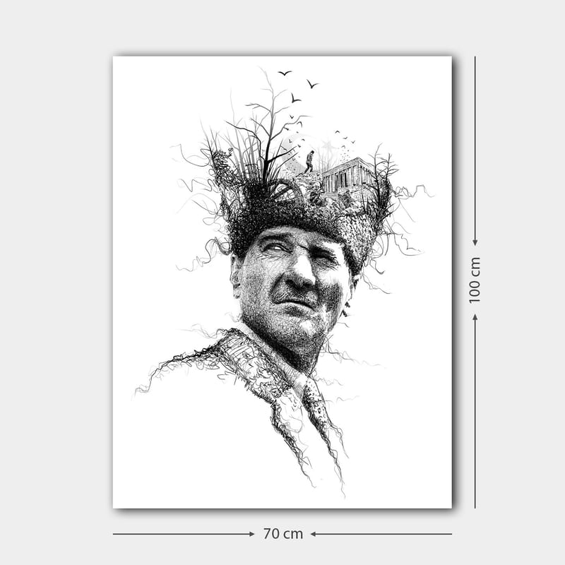 Lerretsbilde 70x100 cm - Mann med en kreativ og surrealistisk frisyre som forestiller trær og en bygning - Svart / Hvit - Interiør - Maleri & posters - Lerretsbilder