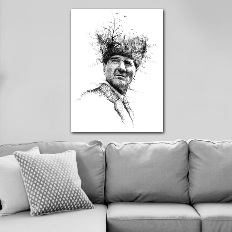 Lerretsbilde 70x100 cm - Mann med en kreativ og surrealistisk frisyre som forestiller trær og en bygning - Svart / Hvit - Interiør - Maleri & posters - Lerretsbilder