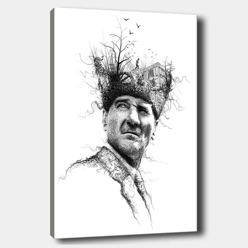 Lerretsbilde 70x100 cm - Mann med en kreativ og surrealistisk frisyre som forestiller trær og en bygning, Svart / Hvit