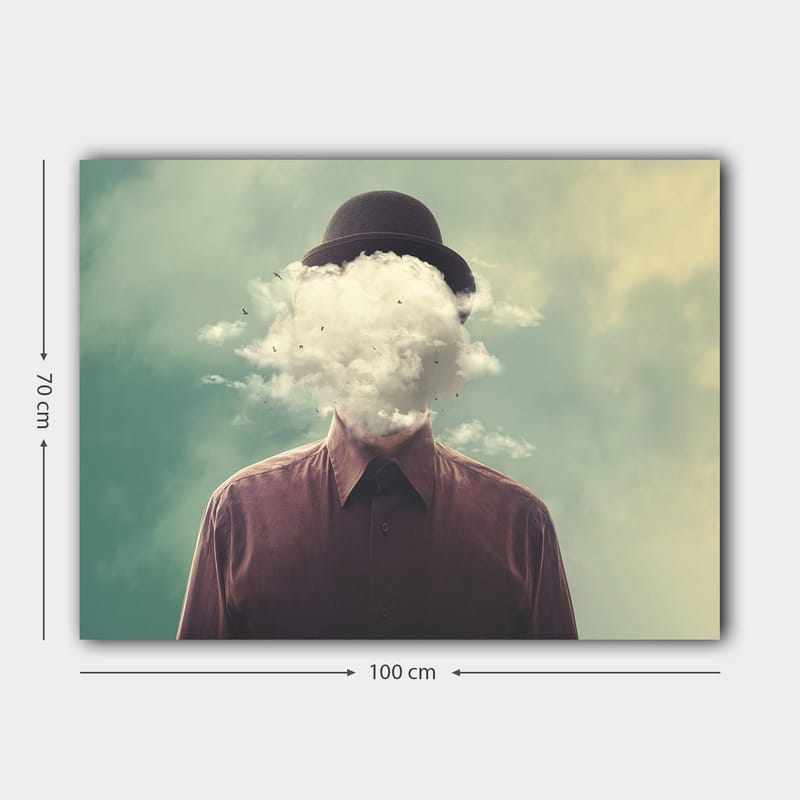 Lerretsbilde 70x100 cm - Mann med hatt hvis ansikt er skjult av en skyformasjon - Mørk brun / Lys grå / Grønn - Interiør - Maleri & posters - Lerretsbilder