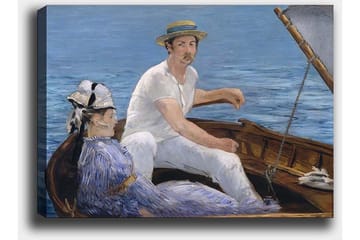 Lerretsbilde 70x100 cm - Mann og kvinne sitter i en båt på vannet, omgitt av en rolig og harmonisk atmosfære - Blå / Hvit / Brun - Interiør - Maleri & posters - Lerretsbilder