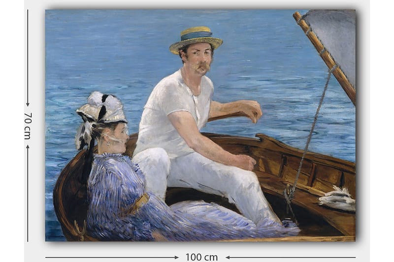 Lerretsbilde 70x100 cm - Mann og kvinne sitter i en båt på vannet, omgitt av en rolig og harmonisk atmosfære - Blå / Hvit / Brun - Interiør - Maleri & posters - Lerretsbilder