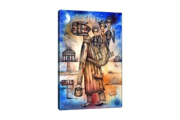 Lerretsbilde 70x100 cm - Mann som bærer en kvinne og et barn på ryggen, omgitt av et landskap med hus og et skilt - Blå / Brun / Beige - Interiør - Maleri & posters - Lerretsbilder