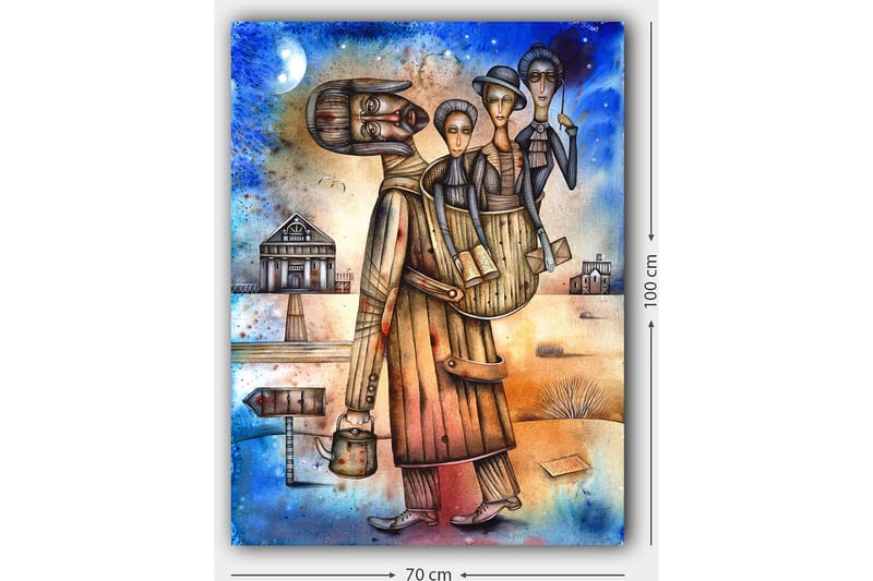 Lerretsbilde 70x100 cm - Mann som bærer en kvinne og et barn på ryggen, omgitt av et landskap med hus og et skilt - Blå / Brun / Beige - Interiør - Maleri & posters - Lerretsbilder