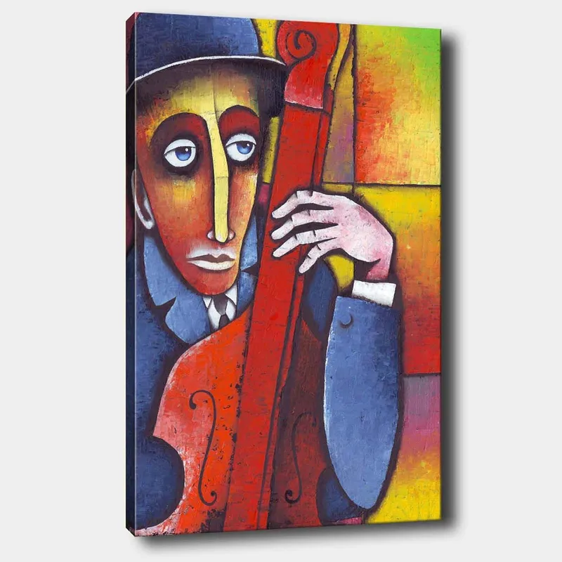 Lerretsbilde 70x100 cm - Mann som spiller et rødlig instrument med et melankolsk uttrykk, Rød / Blå / Gul