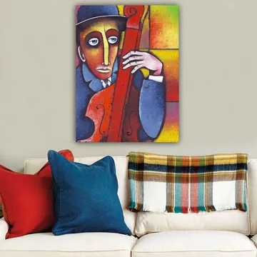 Lerretsbilde 70x100 cm - Mann som spiller et rødlig instrument med et melankolsk uttrykk - Rød / Blå / Gul - Interiør - Maleri & posters - Lerretsbilder