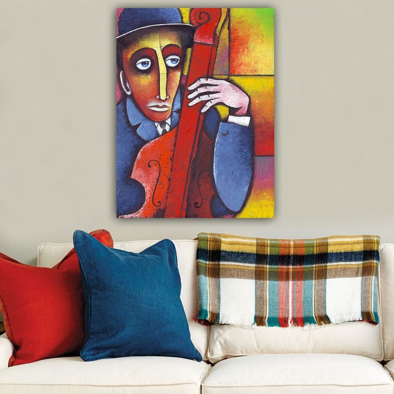 Lerretsbilde 70x100 cm - Mann som spiller et rødlig instrument med et melankolsk uttrykk - Rød / Blå / Gul - Interiør - Maleri & posters - Lerretsbilder