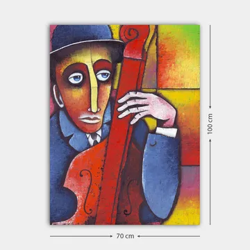 Lerretsbilde 70x100 cm - Mann som spiller et rødlig instrument med et melankolsk uttrykk - Rød / Blå / Gul - Interiør - Maleri & posters - Lerretsbilder
