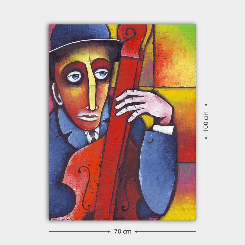 Lerretsbilde 70x100 cm - Mann som spiller et rødlig instrument med et melankolsk uttrykk - Rød / Blå / Gul - Interiør - Maleri & posters - Lerretsbilder
