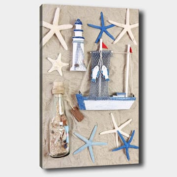 Lerretsbilde 70x100 cm - Maritim komposisjon med båt, fyr og sjøstjerne - Blå / Hvit / Beige - Interiør - Maleri & posters - Lerretsbilder