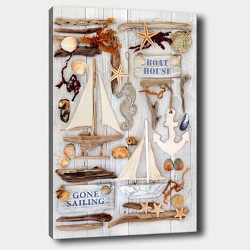 Lerretsbilde 70x100 cm - Maritim komposisjon med seilbåter, skjell og sjøstjerner som skaper en sommerlig atmosfære - Beige / Brun / Blå - Interiør - Maleri & posters - Lerretsbilder