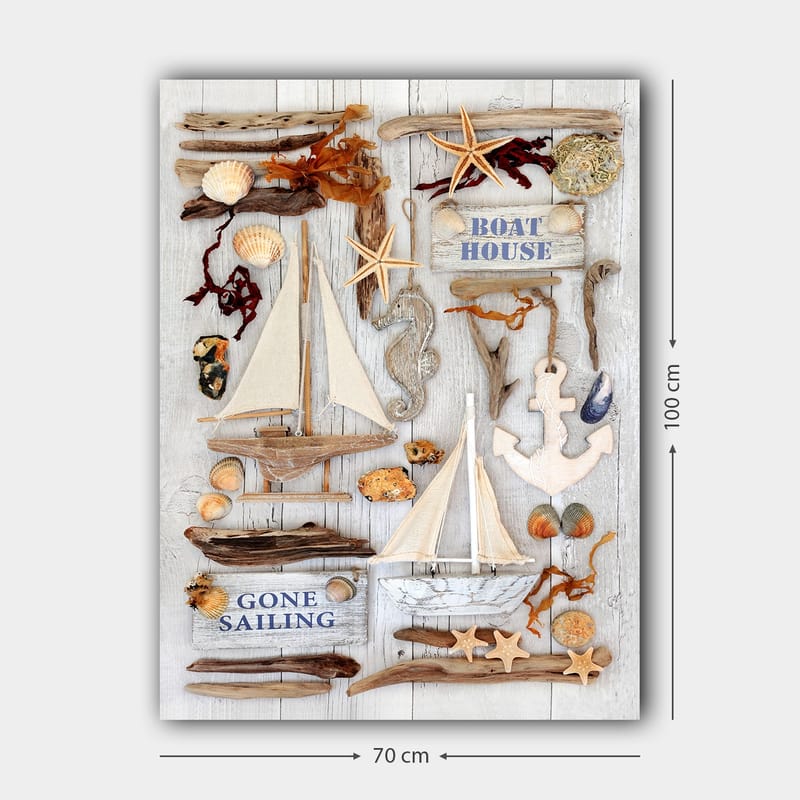 Lerretsbilde 70x100 cm - Maritim komposisjon med seilbåter, skjell og sjøstjerner som skaper en sommerlig atmosfære - Beige / Brun / Blå - Interiør - Maleri & posters - Lerretsbilder