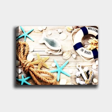 Lerretsbilde 70x100 cm - Maritim ro med sjøstjerner, skjell og en livbøye som skaper en sommerlig følelse - Turkis / Beige / Gul - Interiør - Maleri & posters - Lerretsbilder