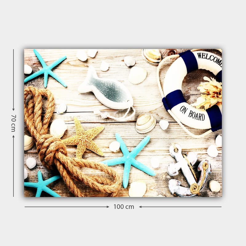 Lerretsbilde 70x100 cm - Maritim ro med sjøstjerner, skjell og en livbøye som skaper en sommerlig følelse - Turkis / Beige / Gul - Interiør - Maleri & posters - Lerretsbilder