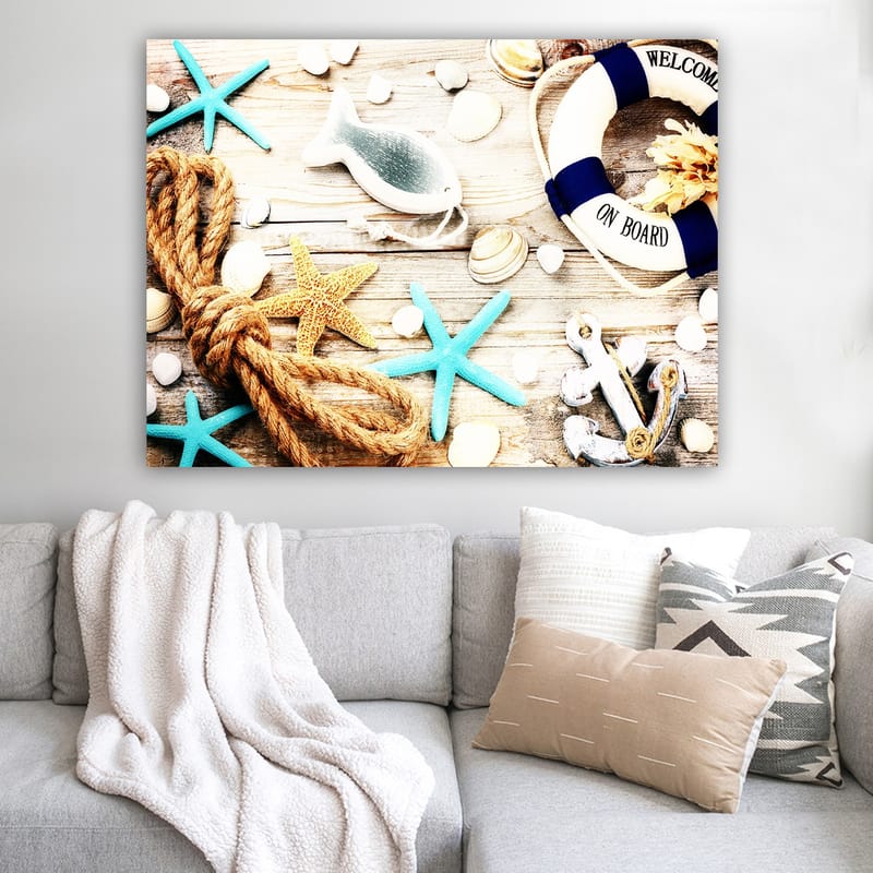 Lerretsbilde 70x100 cm - Maritim ro med sjøstjerner, skjell og en livbøye som skaper en sommerlig følelse - Turkis / Beige / Gul - Interiør - Maleri & posters - Lerretsbilder