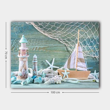 Lerretsbilde 70x100 cm - Maritim scene med seilbåt, fyr og sjøstjerne i strandomgivelser - Blå / Hvit / Beige - Interiør - Maleri & posters - Lerretsbilder