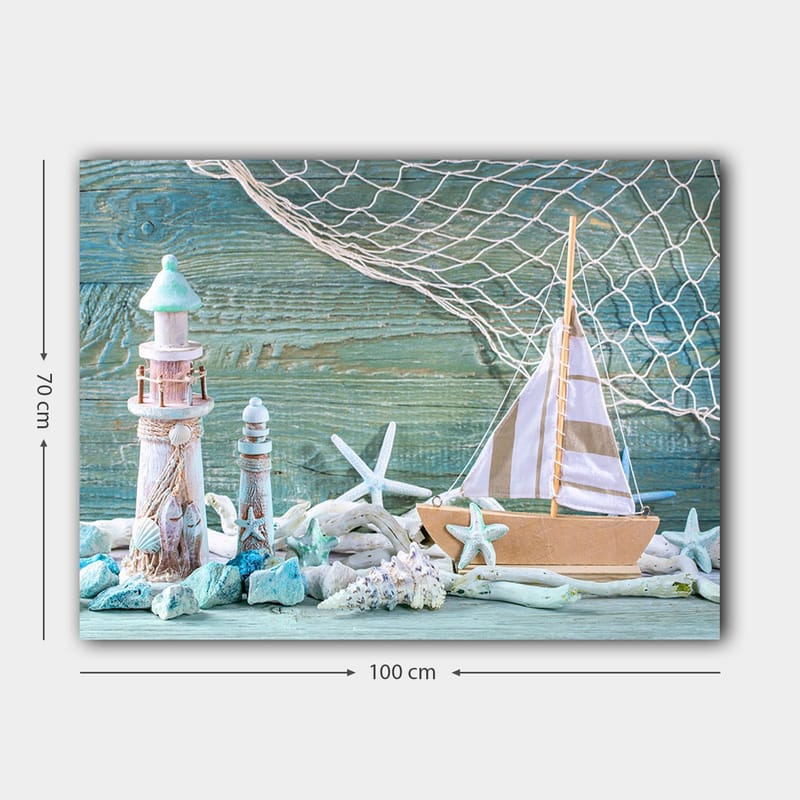 Lerretsbilde 70x100 cm - Maritim scene med seilbåt, fyr og sjøstjerne i strandomgivelser - Blå / Hvit / Beige - Interiør - Maleri & posters - Lerretsbilder