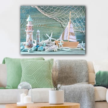 Lerretsbilde 70x100 cm - Maritim scene med seilbåt, fyr og sjøstjerne i strandomgivelser - Blå / Hvit / Beige - Interiør - Maleri & posters - Lerretsbilder