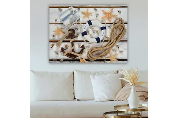 Lerretsbilde 70x100 cm - Maritimt stilleben med skjell, stjerneformet sjøstjerne og livbøye - Beige / Blå / Brun - Interiør - Maleri & posters - Lerretsbilder
