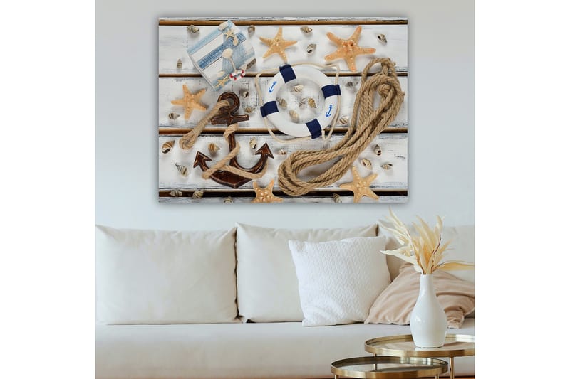 Lerretsbilde 70x100 cm - Maritimt stilleben med skjell, stjerneformet sjøstjerne og livbøye, Beige / Blå / Brun