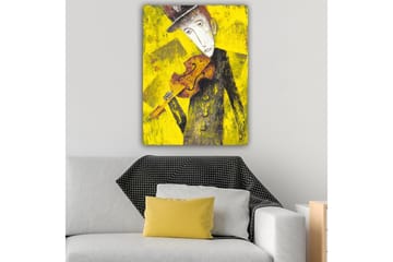 Lerretsbilde 70x100 cm - Melankolsk musiker som holder en fiolin mot en lys gul bakgrunn - Gul / Svart / Brun - Interiør - Maleri & posters - Lerretsbilder