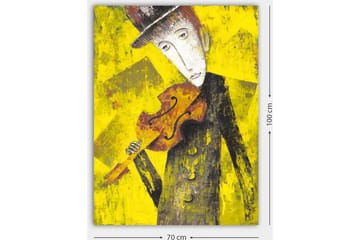Lerretsbilde 70x100 cm - Melankolsk musiker som holder en fiolin mot en lys gul bakgrunn - Gul / Svart / Brun - Interiør - Maleri & posters - Lerretsbilder