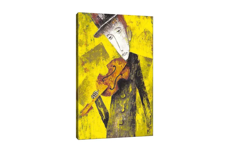 Lerretsbilde 70x100 cm - Melankolsk musiker som holder en fiolin mot en lys gul bakgrunn, Gul / Svart / Brun