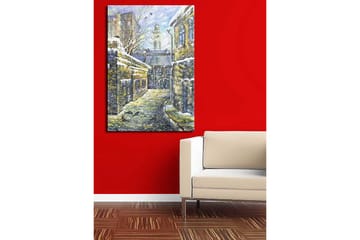 Lerretsbilde 70x100 cm - Melkeveien omgitt av gamle bygninger med snø på takene - Gul / Blå / Hvit - Interiør - Maleri & posters - Lerretsbilder