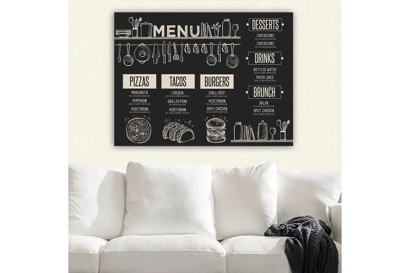 Lerretsbilde 70x100 cm - Meny med diverse retter og drikkevarer illustrert i et stilig design - Svart / Beige - Interiør - Maleri & posters - Lerretsbilder
