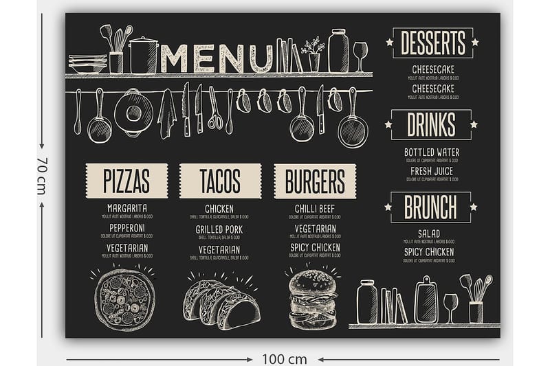 Lerretsbilde 70x100 cm - Meny med diverse retter og drikkevarer illustrert i et stilig design - Svart / Beige - Interiør - Maleri & posters - Lerretsbilder