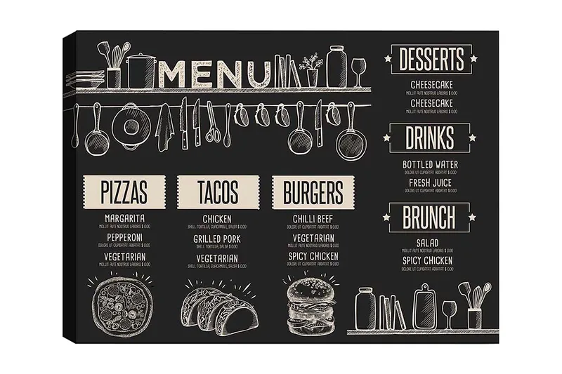 Lerretsbilde 70x100 cm - Meny med diverse retter og drikkevarer illustrert i et stilig design, Svart / Beige