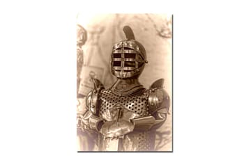 Lerretsbilde 70x100 cm - Middelalderridder i rustning med karakteristisk hjelmdesign - Sølv / Grå / Brun - Interiør - Maleri & posters - Lerretsbilder