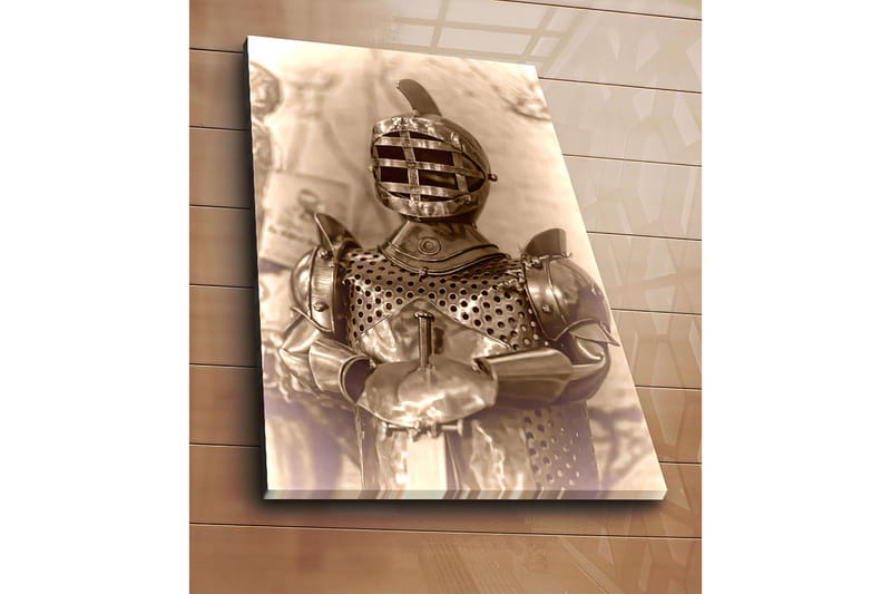 Lerretsbilde 70x100 cm - Middelalderridder i rustning med karakteristisk hjelmdesign - Sølv / Grå / Brun - Interiør - Maleri & posters - Lerretsbilder